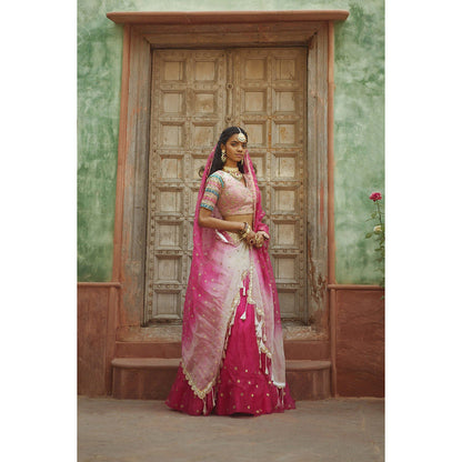 PRATIBHA SULTANIA Pink Lehenga with Striped Sleeves Choli & Dupatta (Set of 3)