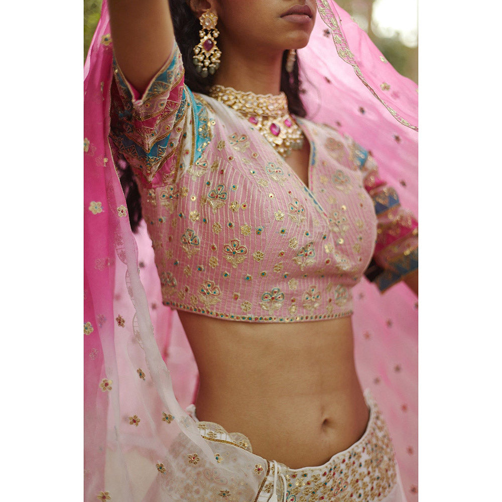 PRATIBHA SULTANIA Pink Lehenga with Striped Sleeves Choli & Dupatta (Set of 3)