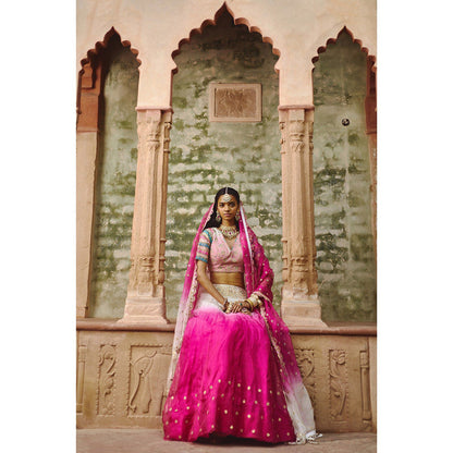 PRATIBHA SULTANIA Pink Lehenga with Striped Sleeves Choli & Dupatta (Set of 3)