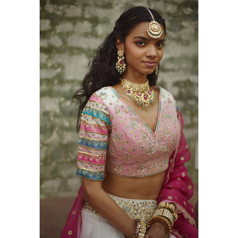 PRATIBHA SULTANIA Pink Lehenga with Striped Sleeves Choli & Dupatta (Set of 3)