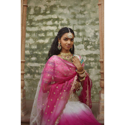 PRATIBHA SULTANIA Pink Lehenga with Striped Sleeves Choli & Dupatta (Set of 3)