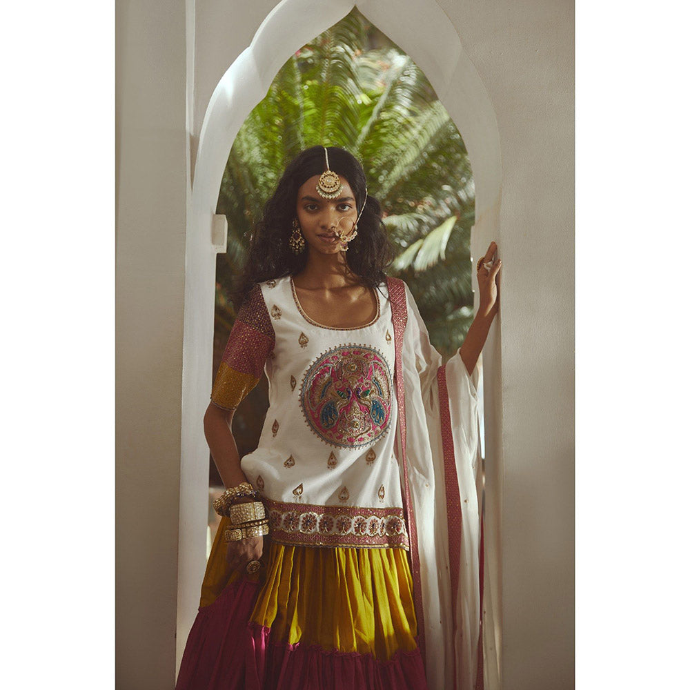 PRATIBHA SULTANIA Multi-Color Gathered Lehenga with White Kurti & Dupatta (Set of 3)