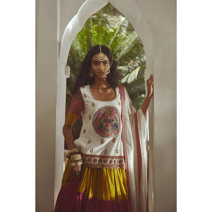 PRATIBHA SULTANIA Multi-Color Gathered Lehenga with White Kurti & Dupatta (Set of 3)