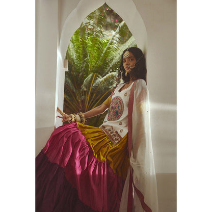 PRATIBHA SULTANIA Multi-Color Gathered Lehenga with White Kurti & Dupatta (Set of 3)