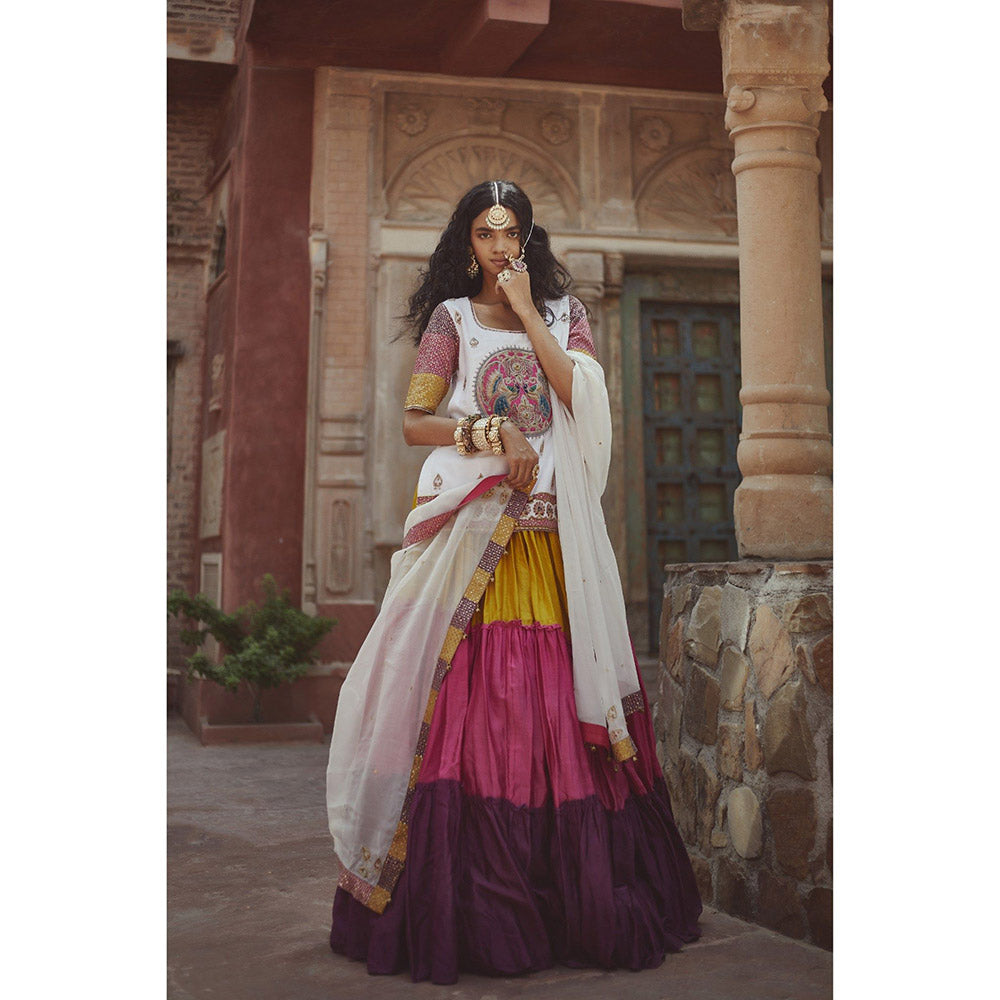PRATIBHA SULTANIA Multi-Color Gathered Lehenga with White Kurti & Dupatta (Set of 3)