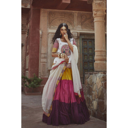 PRATIBHA SULTANIA Multi-Color Gathered Lehenga with White Kurti & Dupatta (Set of 3)