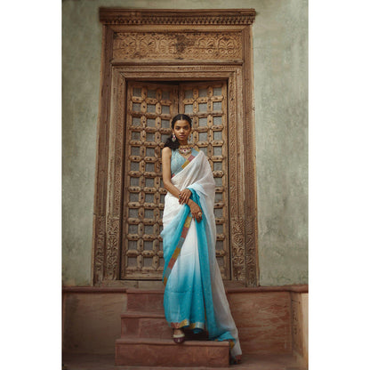 PRATIBHA SULTANIA White Jaali Border Saree with Stitched Blouse