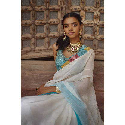 PRATIBHA SULTANIA White Jaali Border Saree with Stitched Blouse