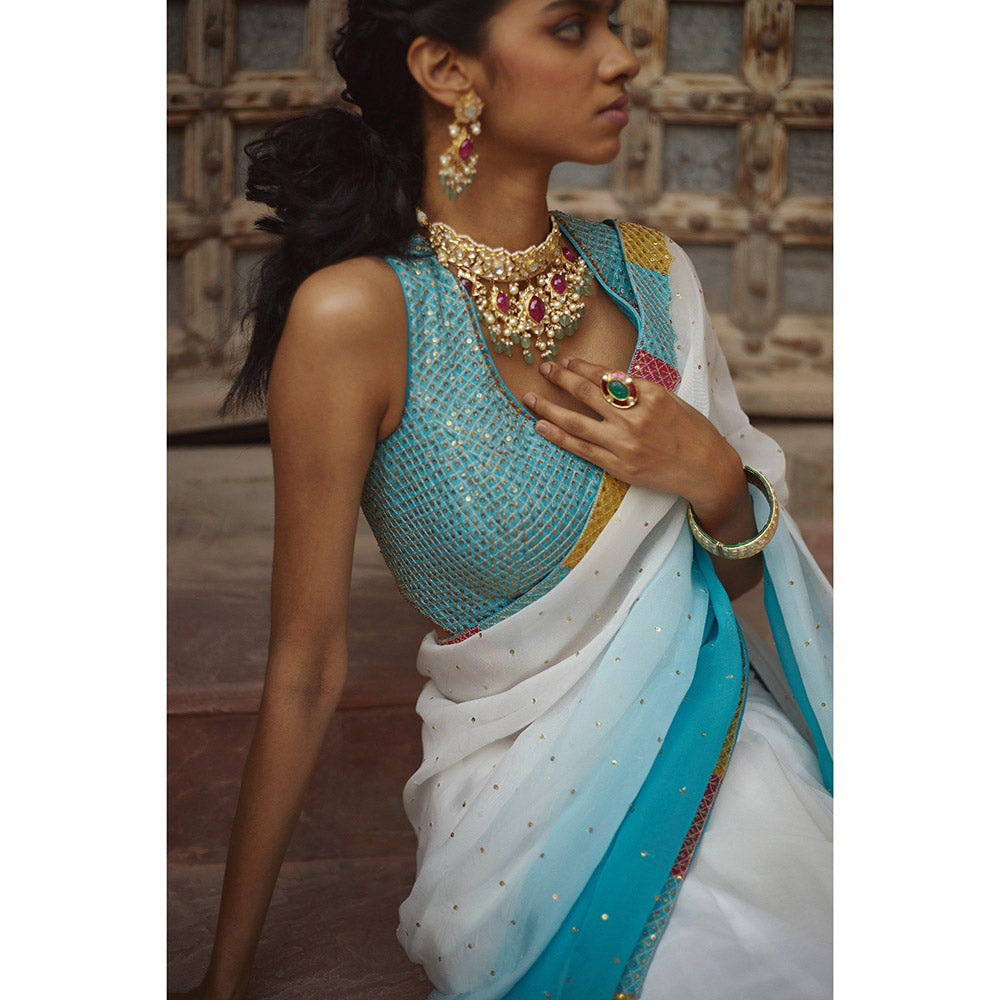 PRATIBHA SULTANIA White Jaali Border Saree with Stitched Blouse