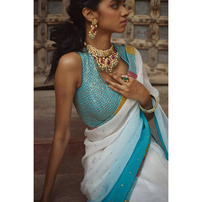 PRATIBHA SULTANIA White Jaali Border Saree with Stitched Blouse