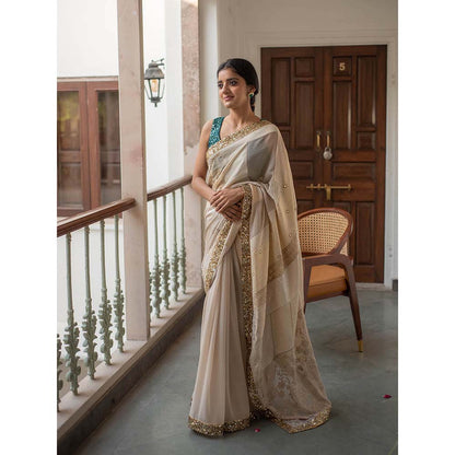 PRIYANKA RAAJIV Ausra - Beige Upcycled Jod Saree with Unstitched Blouse
