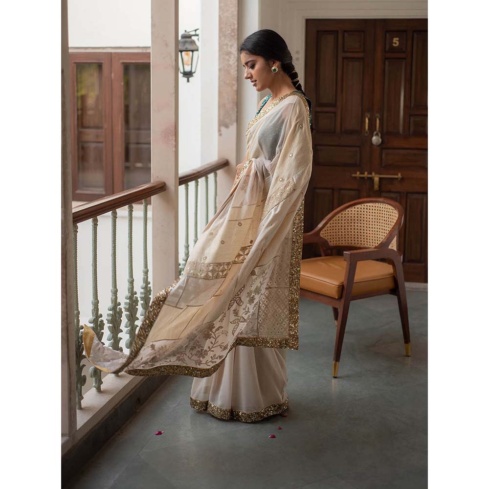 PRIYANKA RAAJIV Ausra - Beige Upcycled Jod Saree with Unstitched Blouse
