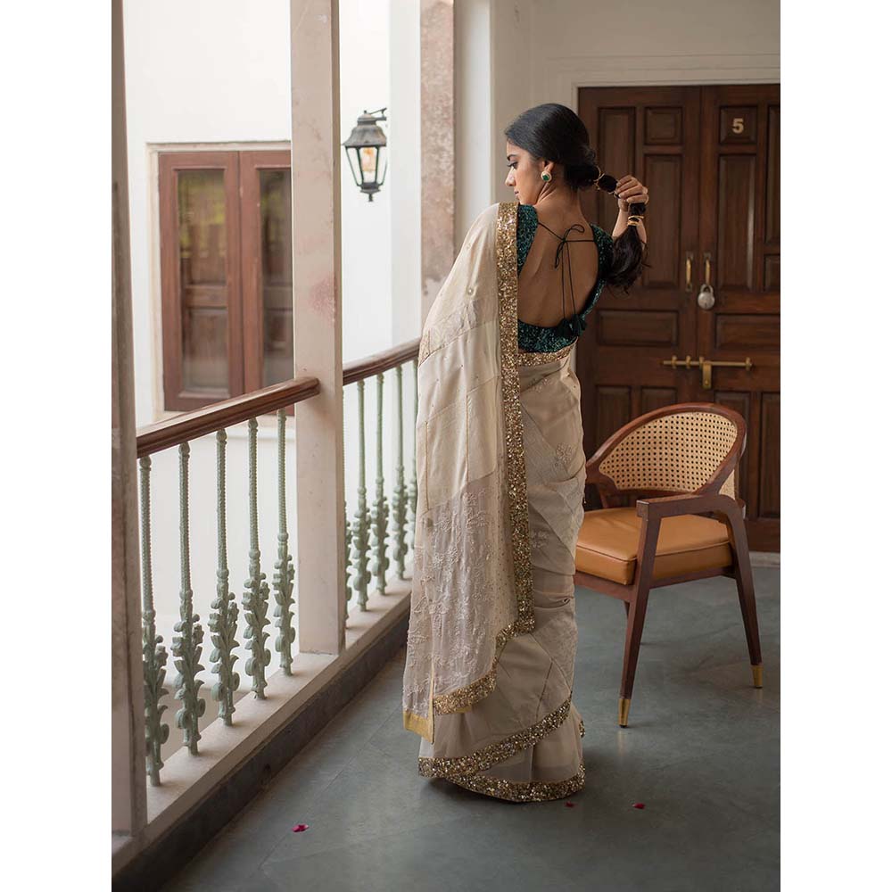 PRIYANKA RAAJIV Ausra - Beige Upcycled Jod Saree with Unstitched Blouse