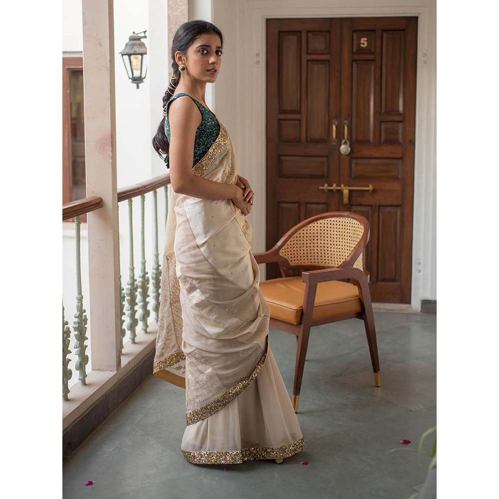PRIYANKA RAAJIV Ausra - Beige Upcycled Jod Saree with Unstitched Blouse
