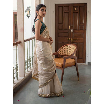 PRIYANKA RAAJIV Ausra - Beige Upcycled Jod Saree with Unstitched Blouse