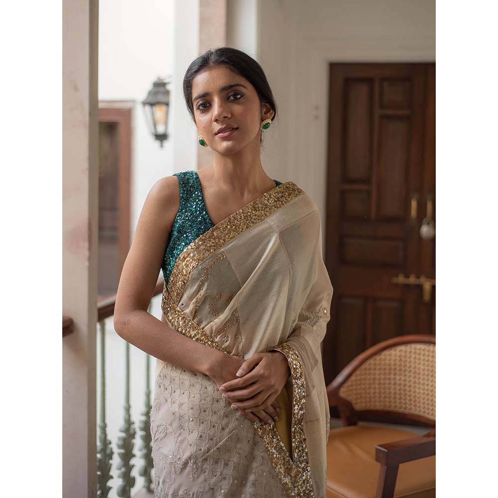 PRIYANKA RAAJIV Ausra - Beige Upcycled Jod Saree with Unstitched Blouse