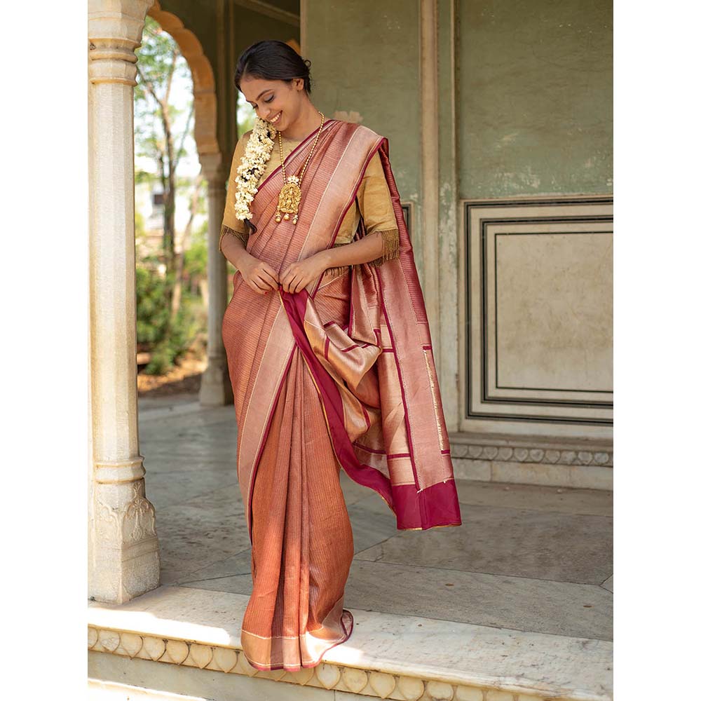 PRIYANKA RAAJIV Zuri - Burgundy Textured, Silk Banarasi Saree with Unstitched Blouse