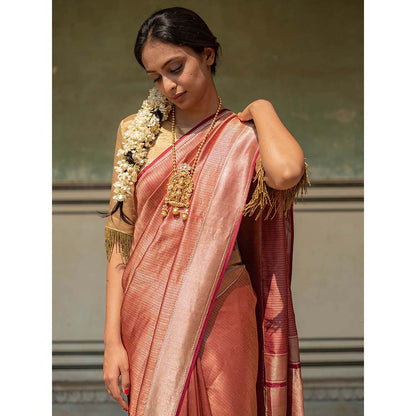 PRIYANKA RAAJIV Zuri - Burgundy Textured, Silk Banarasi Saree with Unstitched Blouse