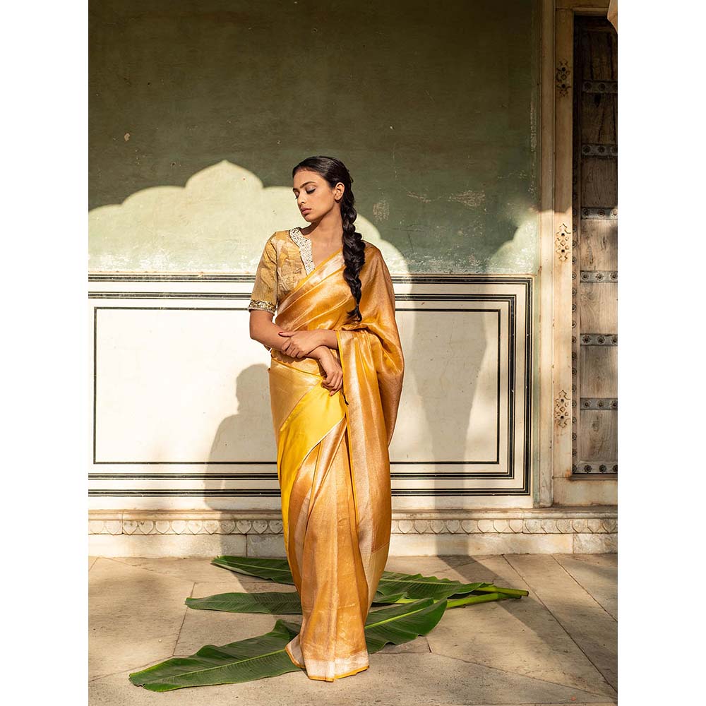 PRIYANKA RAAJIV Illaria - Yellow Brocade, Silk Tissue Saree with Unstitched Blouse