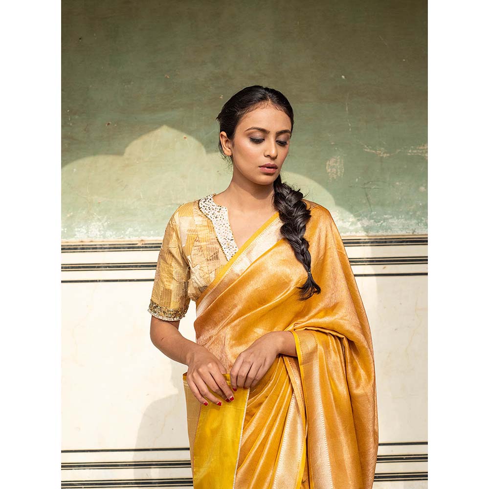 PRIYANKA RAAJIV Illaria - Yellow Brocade, Silk Tissue Saree with Unstitched Blouse