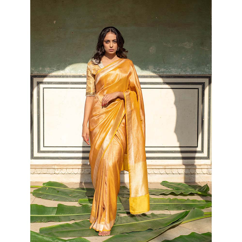 PRIYANKA RAAJIV Illaria - Yellow Brocade, Silk Tissue Saree with Unstitched Blouse