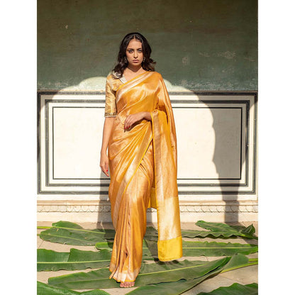 PRIYANKA RAAJIV Illaria - Yellow Brocade, Silk Tissue Saree with Unstitched Blouse