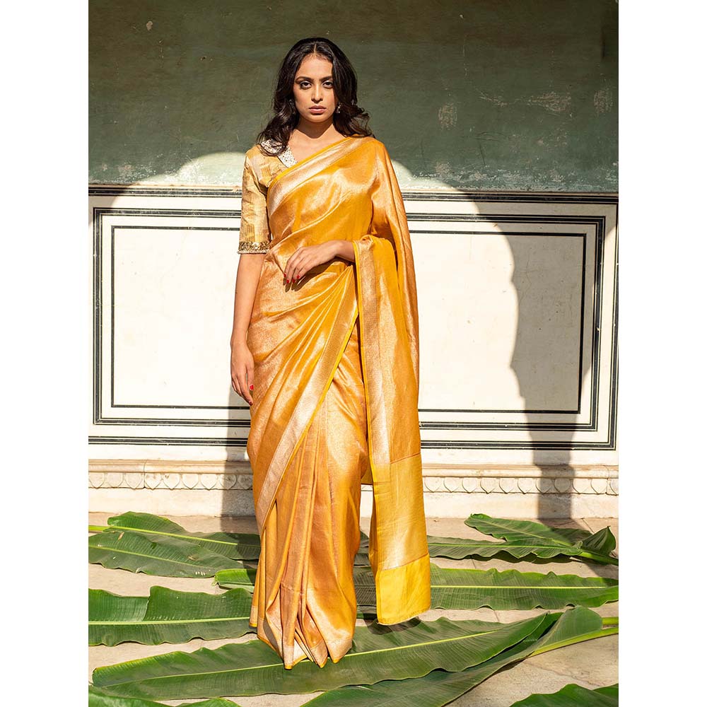 PRIYANKA RAAJIV Illaria - Yellow Brocade, Silk Tissue Saree with Unstitched Blouse