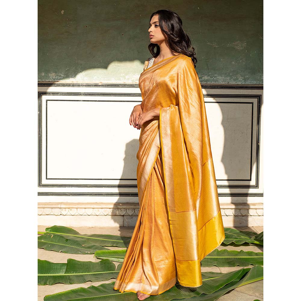 PRIYANKA RAAJIV Illaria - Yellow Brocade, Silk Tissue Saree with Unstitched Blouse