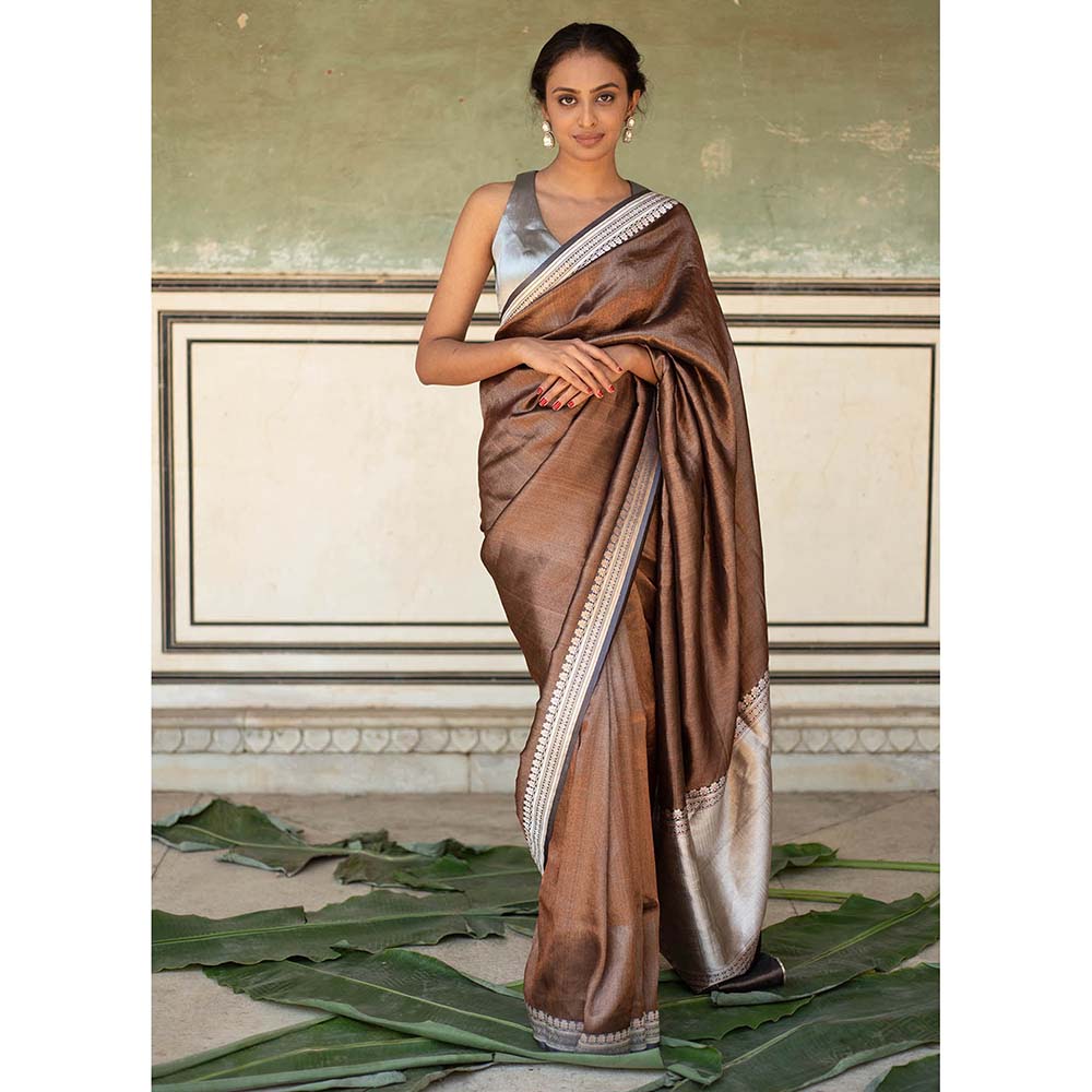 PRIYANKA RAAJIV Chan - Grey and Copper Silk Banarasi Saree with Unstitched Blouse