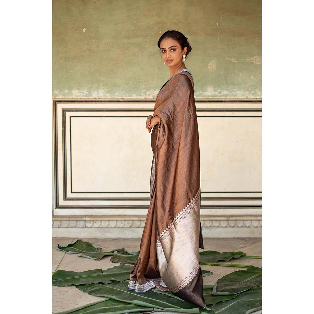 PRIYANKA RAAJIV Chan - Grey and Copper Silk Banarasi Saree with Unstitched Blouse