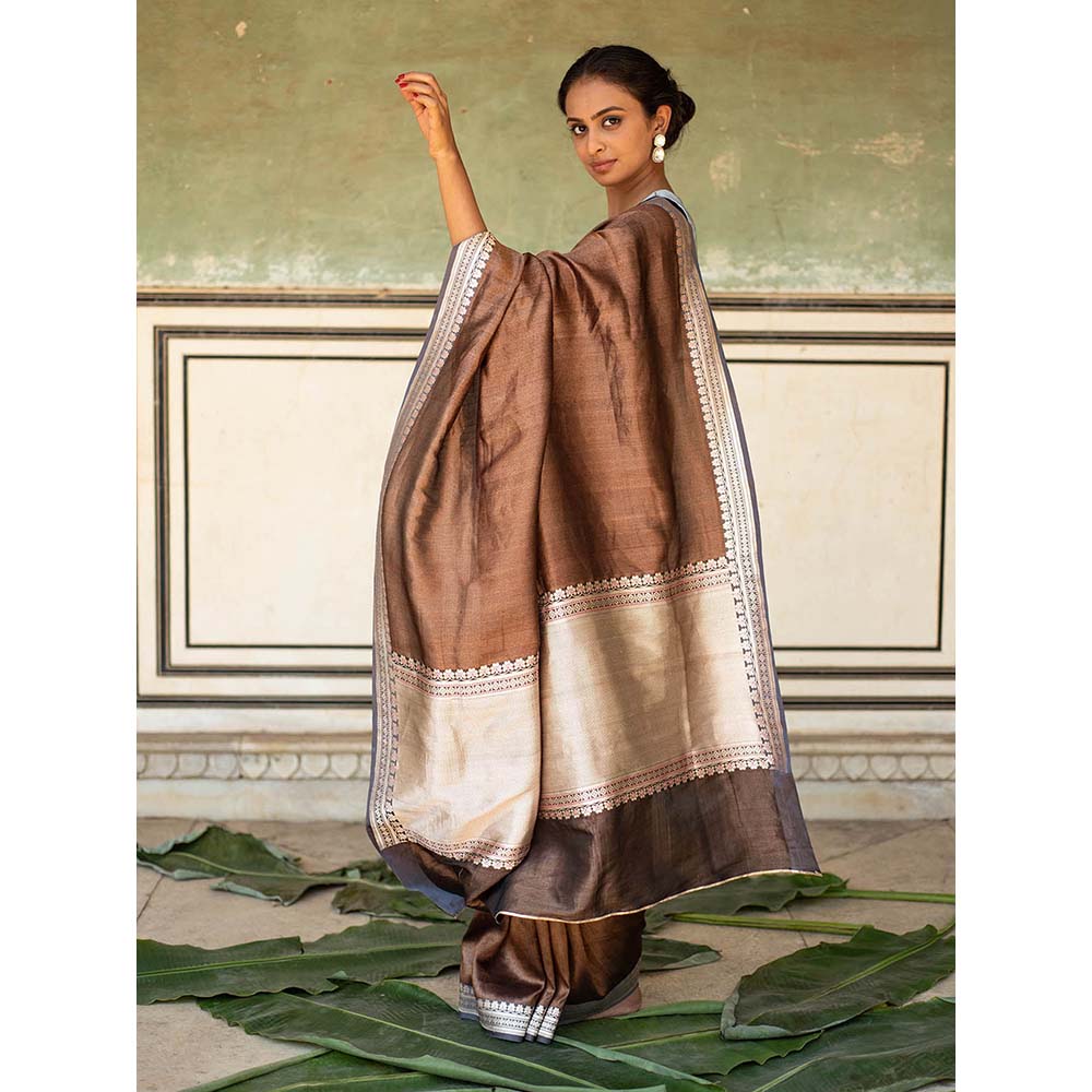 PRIYANKA RAAJIV Chan - Grey and Copper Silk Banarasi Saree with Unstitched Blouse
