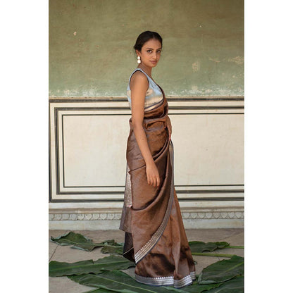 PRIYANKA RAAJIV Chan - Grey and Copper Silk Banarasi Saree with Unstitched Blouse