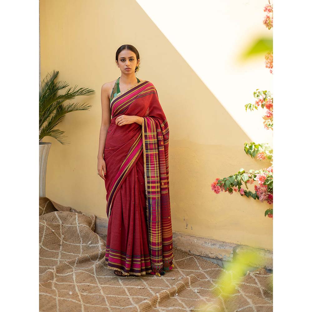 PRIYANKA RAAJIV Aava - Burgundy Organic Cotton Saree with Unstitched Blouse