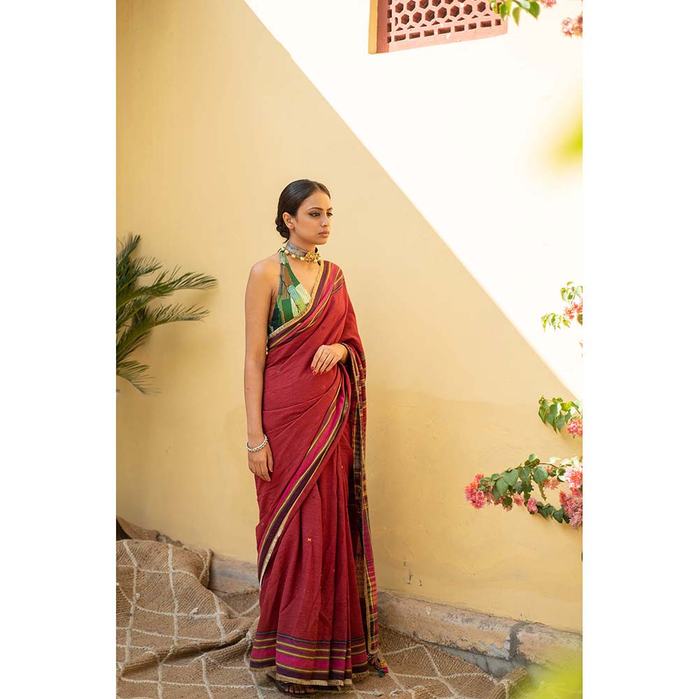 PRIYANKA RAAJIV Aava - Burgundy Organic Cotton Saree with Unstitched Blouse