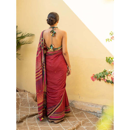 PRIYANKA RAAJIV Aava - Burgundy Organic Cotton Saree with Unstitched Blouse