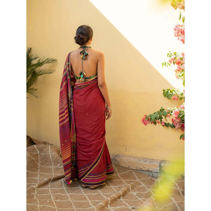 PRIYANKA RAAJIV Aava - Burgundy Organic Cotton Saree with Unstitched Blouse