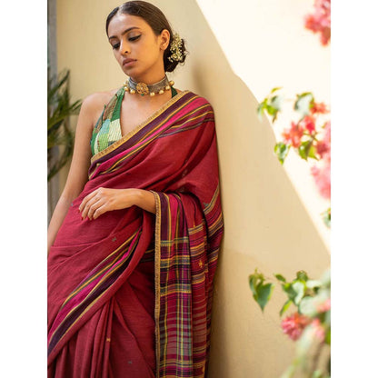PRIYANKA RAAJIV Aava - Burgundy Organic Cotton Saree with Unstitched Blouse