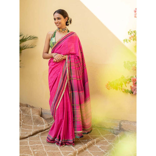 PRIYANKA RAAJIV Kiah - Fuscia Pink Organic Cotton Saree with Unstitched Blouse