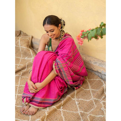 PRIYANKA RAAJIV Kiah - Fuscia Pink Organic Cotton Saree with Unstitched Blouse