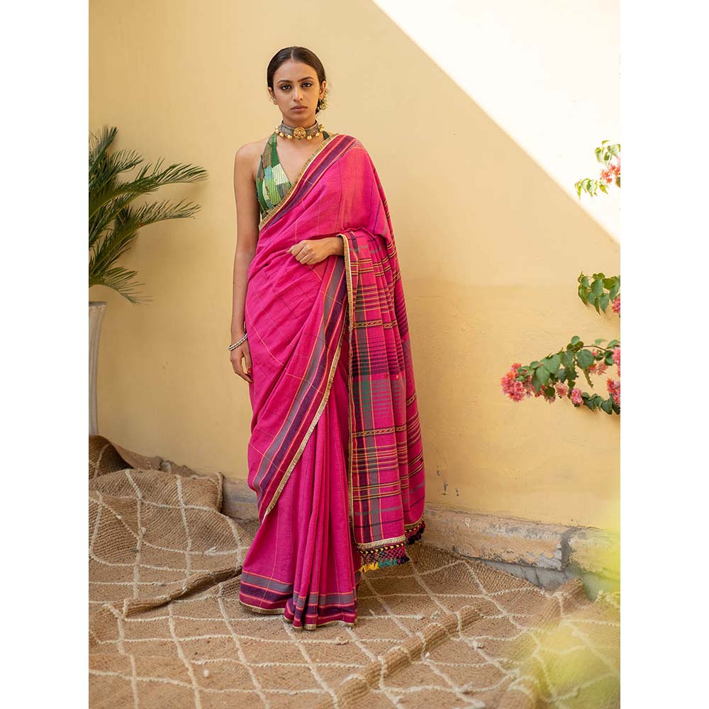 PRIYANKA RAAJIV Kiah - Fuscia Pink Organic Cotton Saree with Unstitched Blouse
