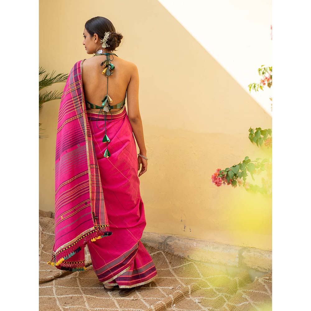 PRIYANKA RAAJIV Kiah - Fuscia Pink Organic Cotton Saree with Unstitched Blouse