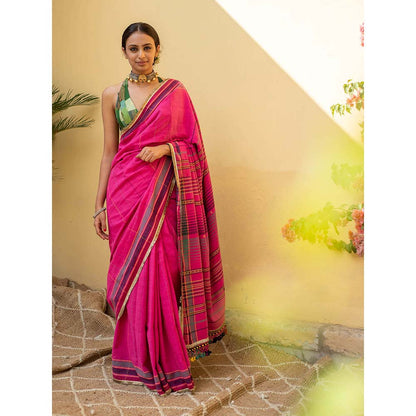 PRIYANKA RAAJIV Kiah - Fuscia Pink Organic Cotton Saree with Unstitched Blouse