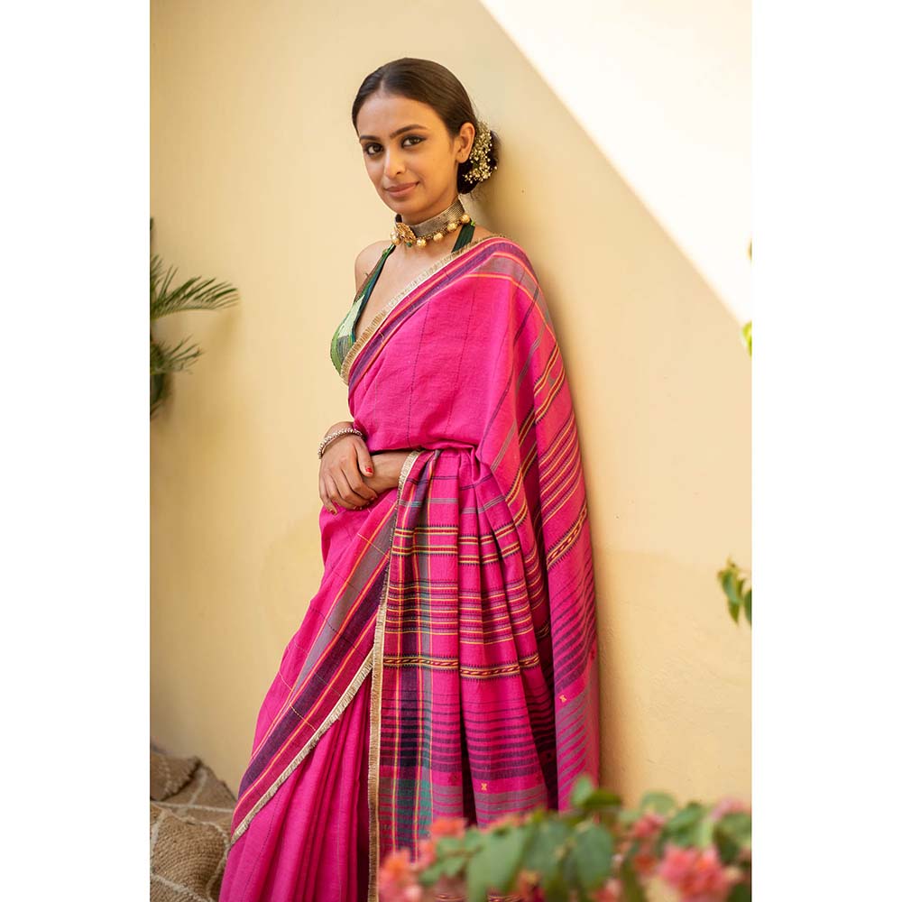 PRIYANKA RAAJIV Kiah - Fuscia Pink Organic Cotton Saree with Unstitched Blouse
