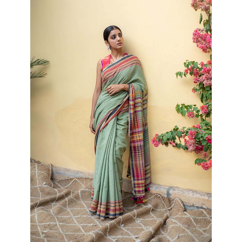 PRIYANKA RAAJIV Aava Sage Green - Sage Green Organic Cotton Saree with Unstitched Blouse