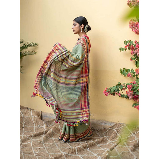PRIYANKA RAAJIV Aava Sage Green - Sage Green Organic Cotton Saree with Unstitched Blouse