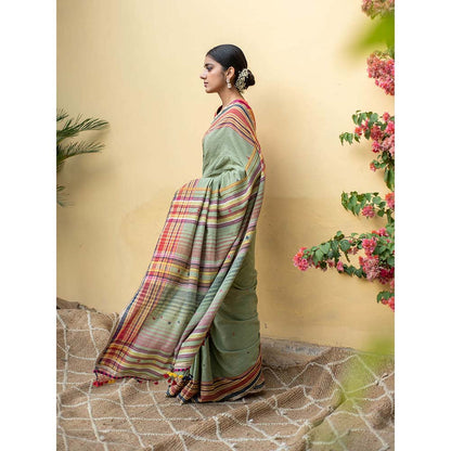 PRIYANKA RAAJIV Aava Sage Green - Sage Green Organic Cotton Saree with Unstitched Blouse