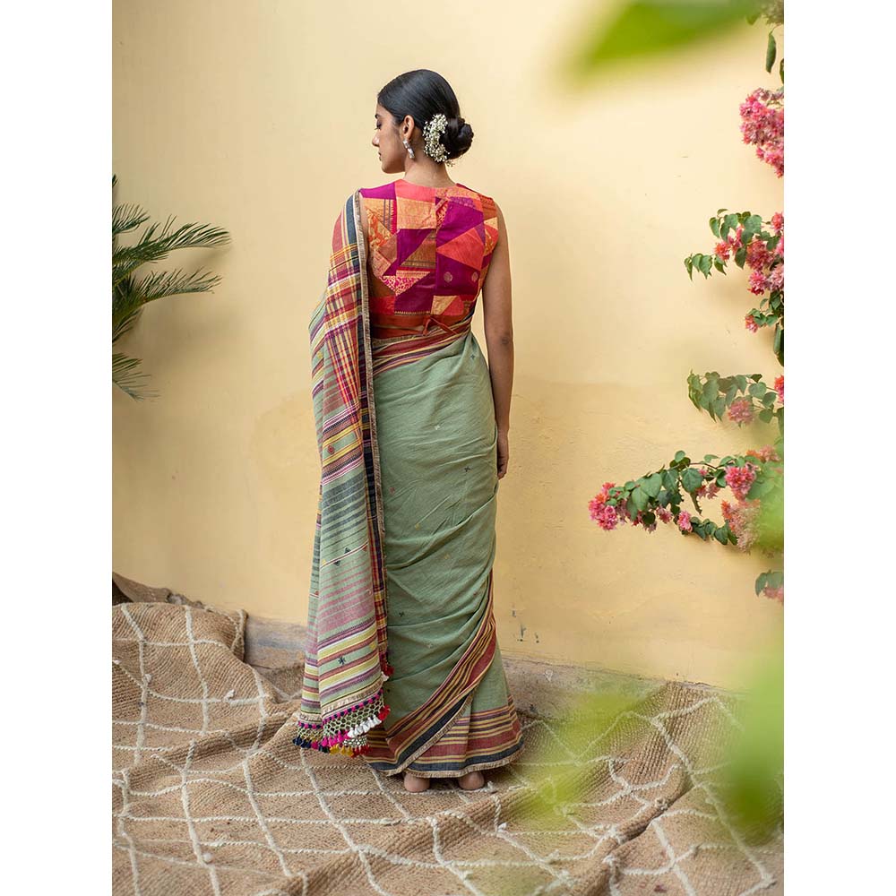 PRIYANKA RAAJIV Aava Sage Green - Sage Green Organic Cotton Saree with Unstitched Blouse