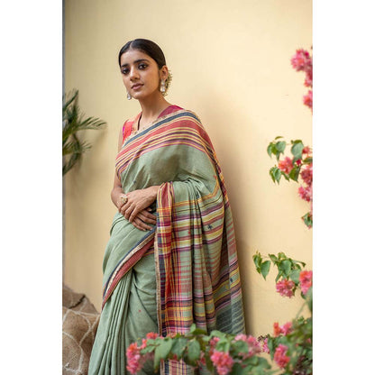 PRIYANKA RAAJIV Aava Sage Green - Sage Green Organic Cotton Saree with Unstitched Blouse