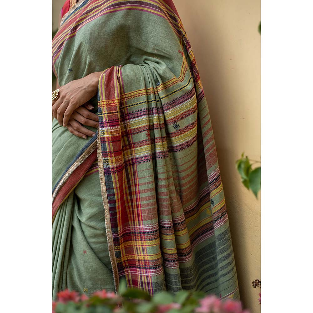 PRIYANKA RAAJIV Aava Sage Green - Sage Green Organic Cotton Saree with Unstitched Blouse