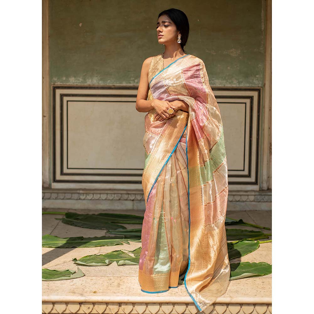 PRIYANKA RAAJIV Eda - Blush and Sage Green Silk Banarasi Organza Saree with Unstitched Blouse